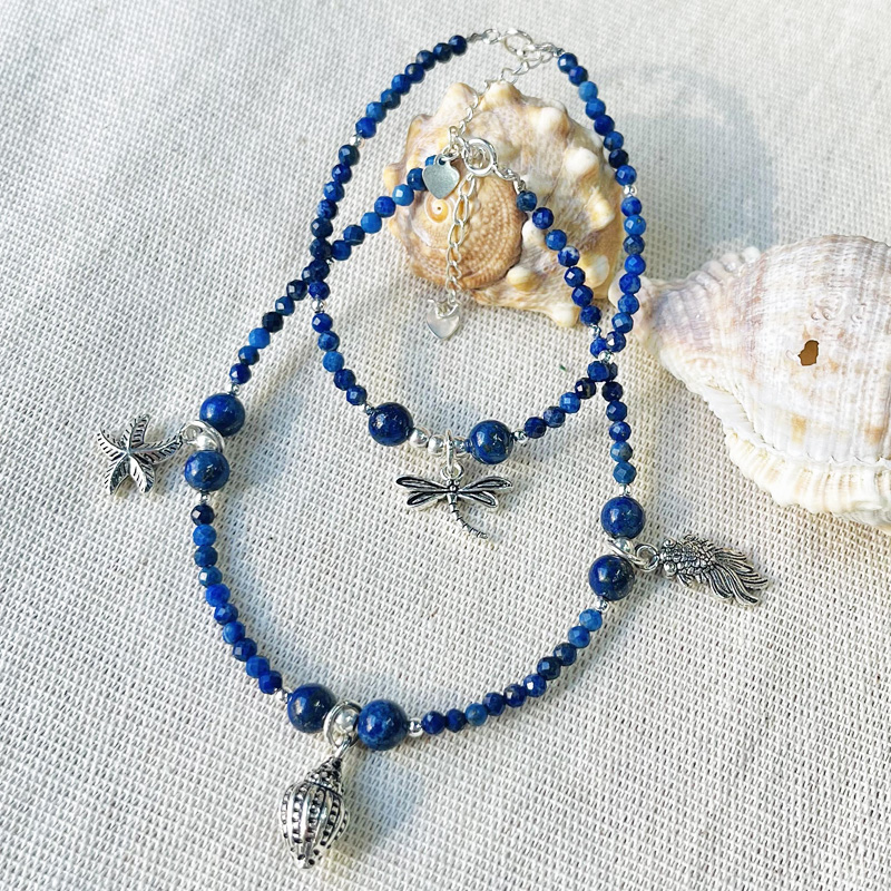 Lắc chân Lapis Lazuli mix charm bạc Thái